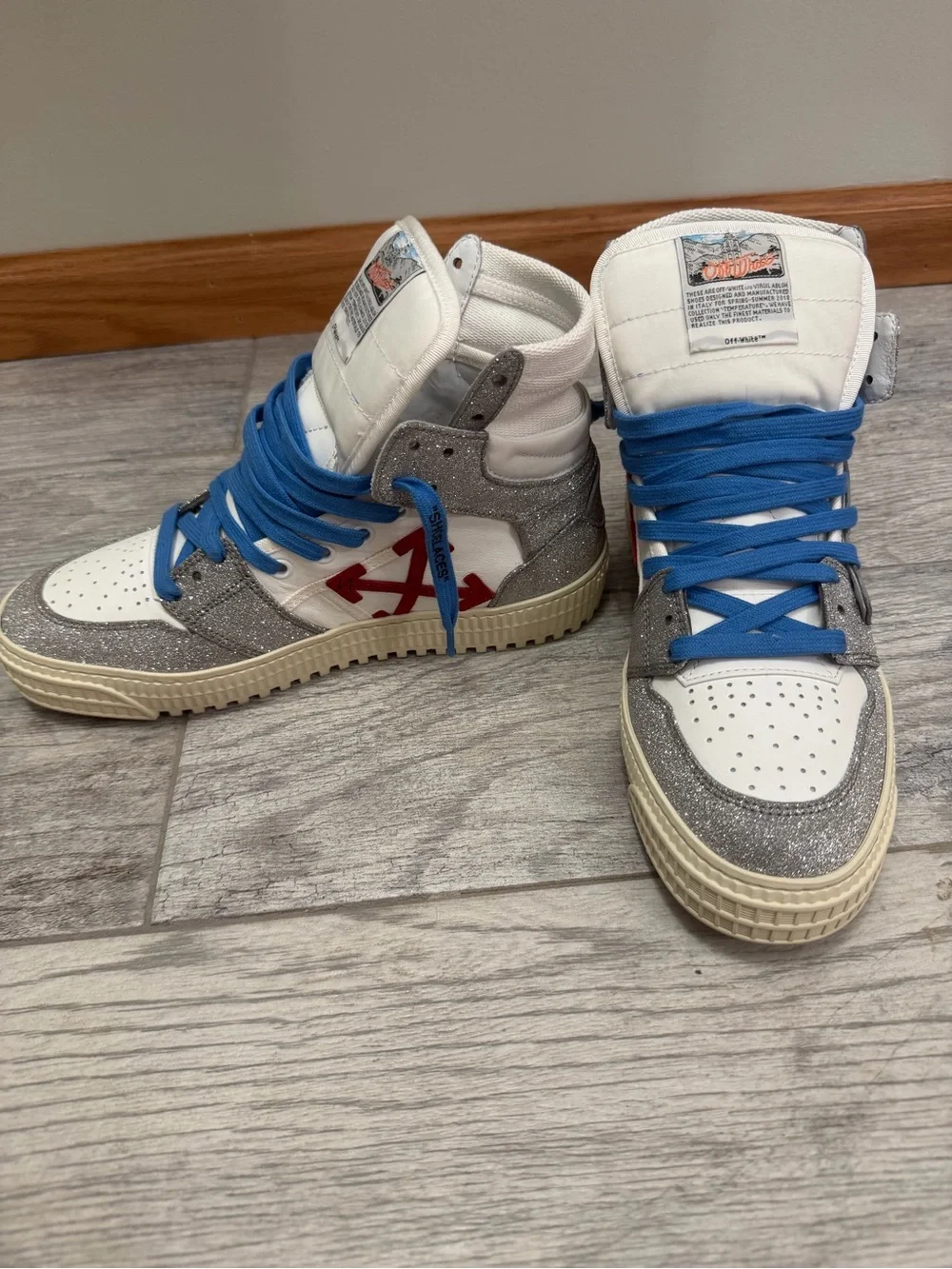 Off-White White, Silver & Blue High-Top Sneakers with Red Arrow
